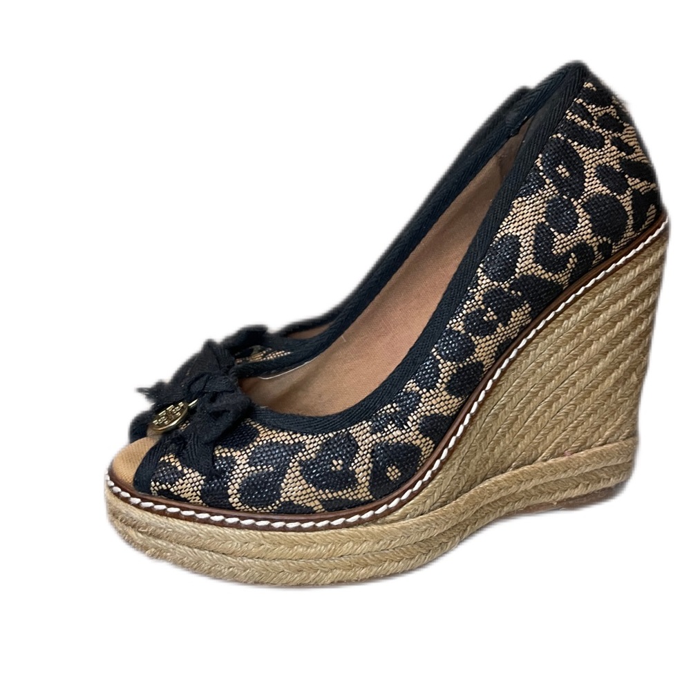 Tory Burch Beige/Black Animal Print Raffia and Fabric Jackie Wedges Pumps size 7